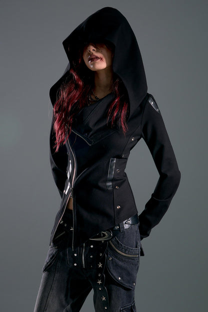 Hooded Asymmetrical Zip Knit Top