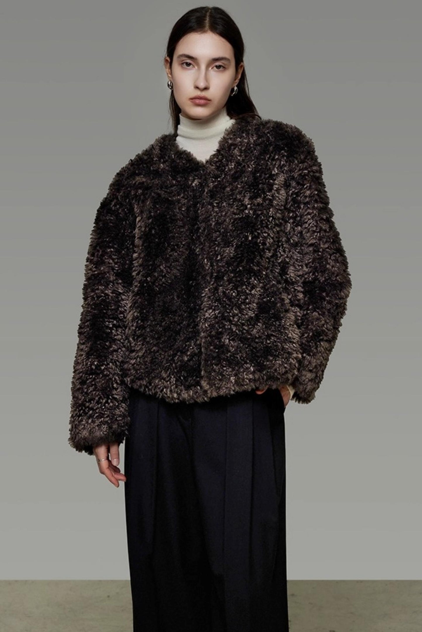 Collarless Lamb Wool Coat