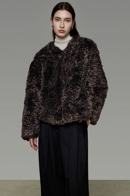 Collarless Lamb Wool Coat