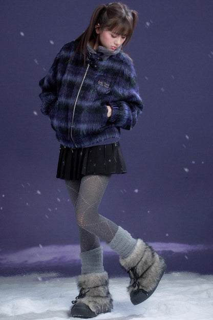 High-Neck Plaid Woolen Coat