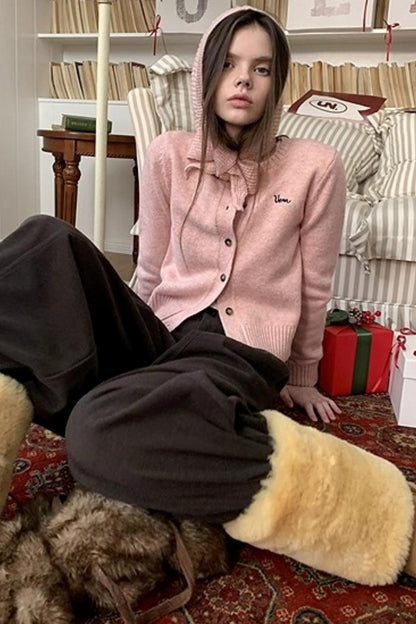Pink Wool Hooded Cardigan