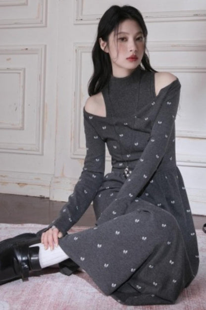 Off-the-Shoulder Knitted Bow Print Dress