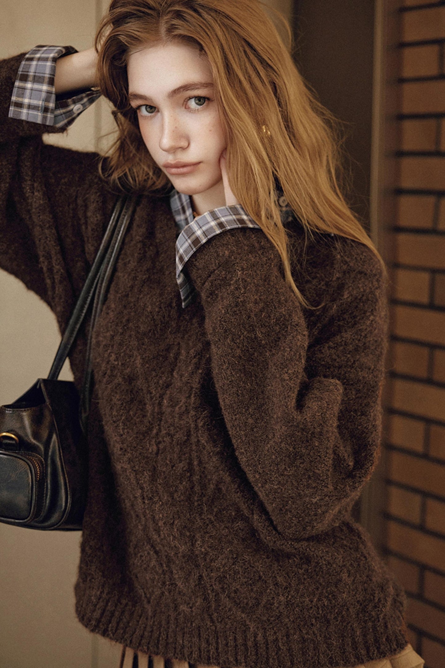 Brown Fake Two-Piece Plaid Shirt