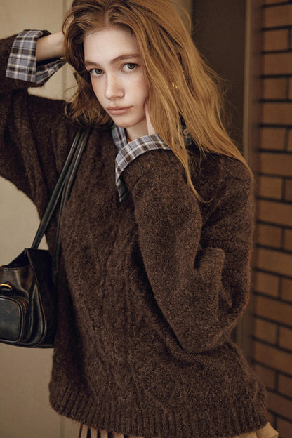 Brown Fake Two-Piece Plaid Shirt