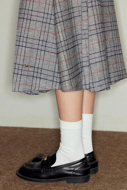 Vintage Gray Plaid Midi Pleated Skirt