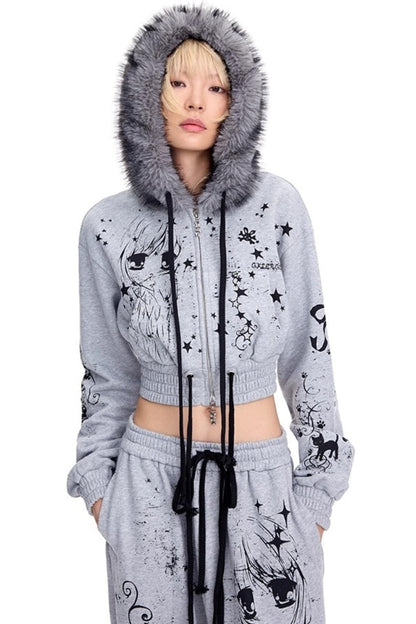 Graffiti Print Hooded Short Sweatshirt