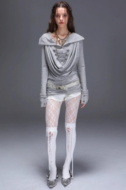 Hooded Metal Buckle Knit Top