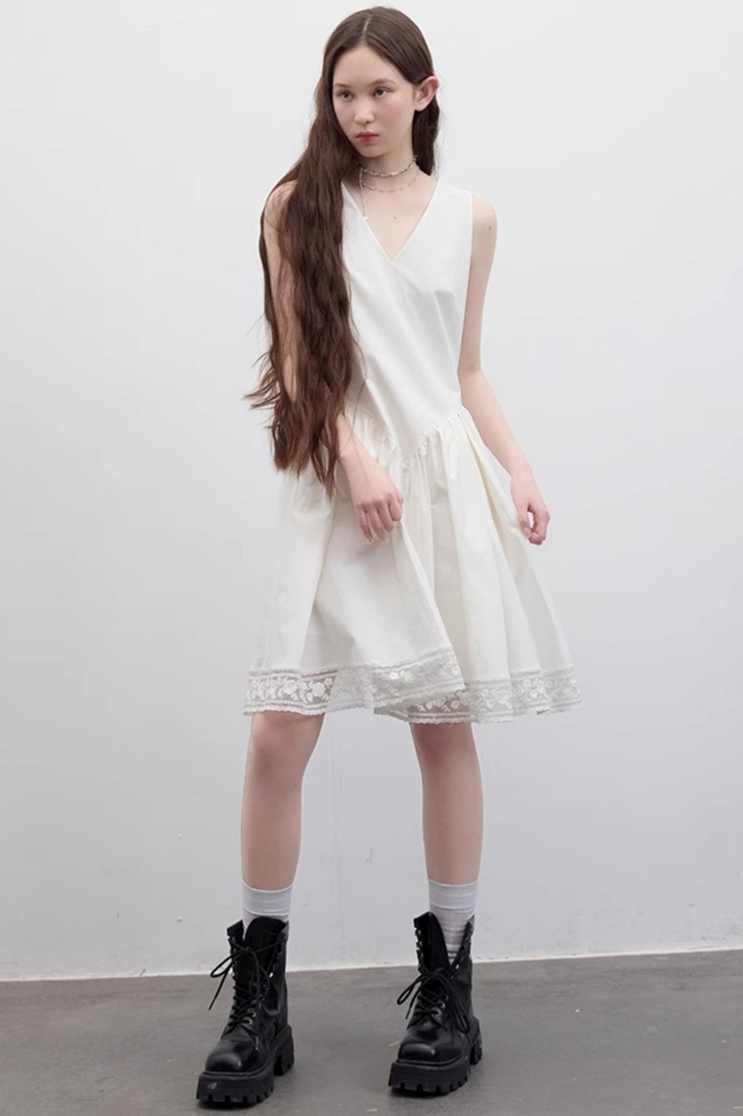 White Pleated V-Neck Dress