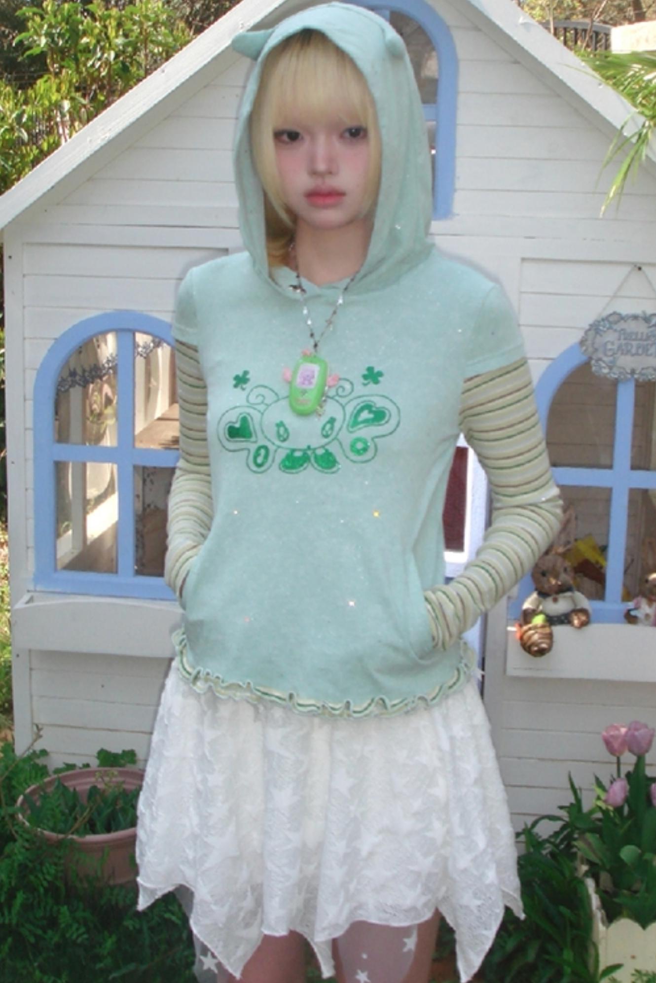 Green Devil Horns Hoodie Top