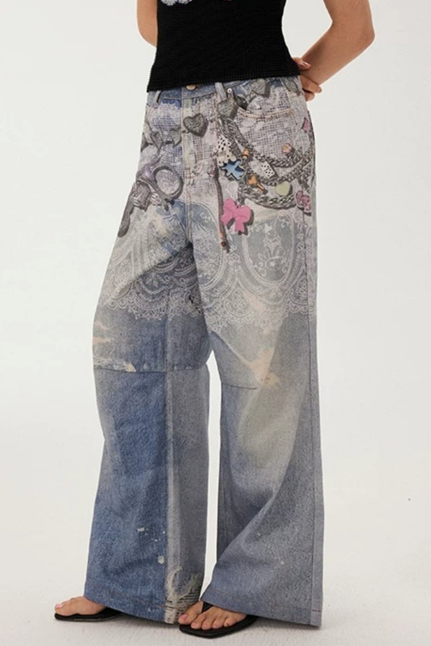 Blue Chain Detail Wide-Leg Straight Denim Pants