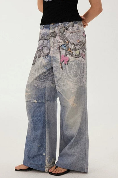 Blue Chain Detail Wide-Leg Straight Denim Pants