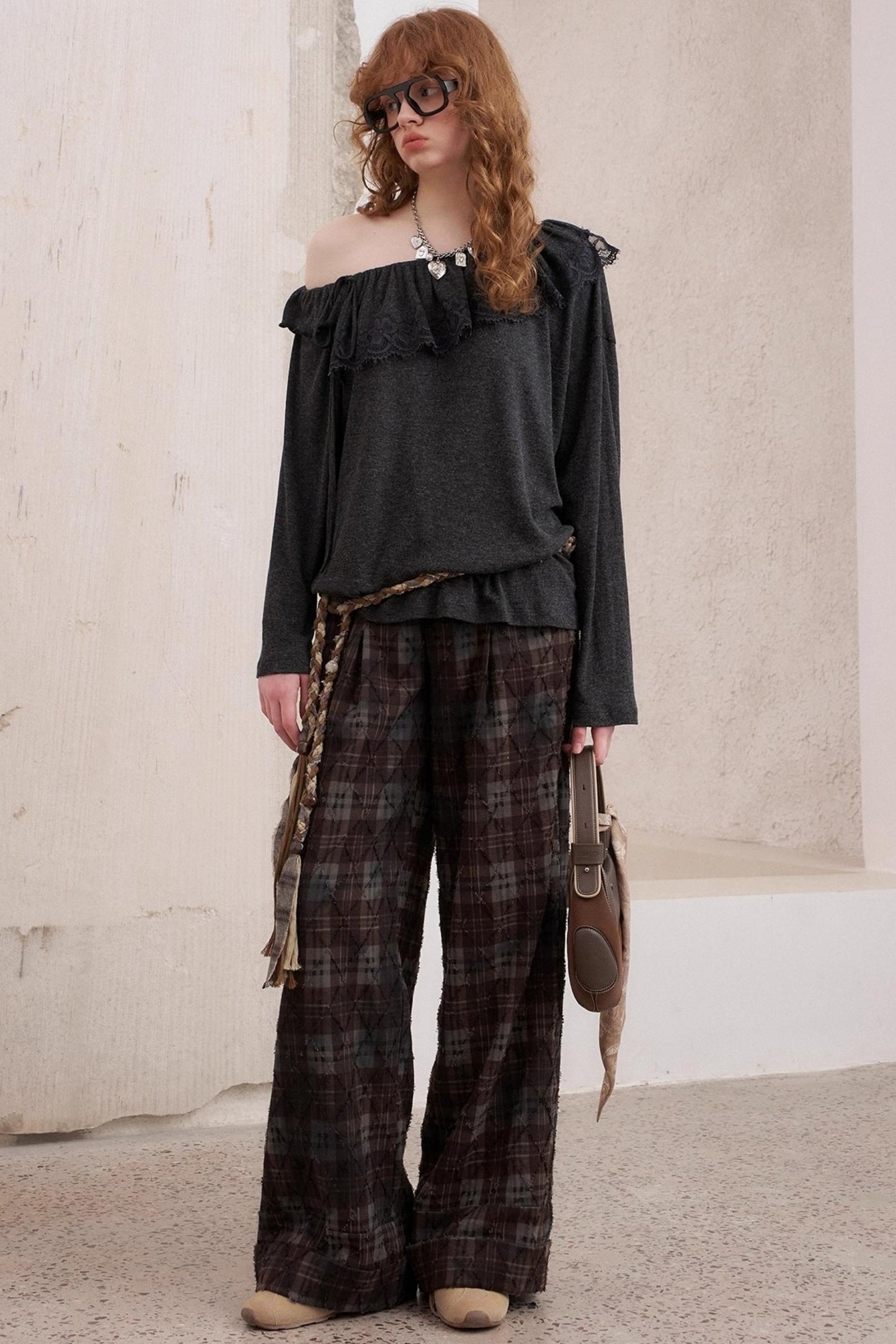 Textured Loose Plaid Trousers