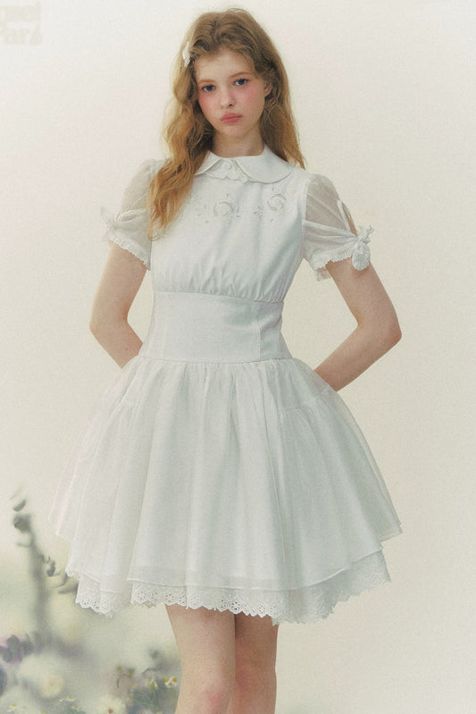 White Rose Embroidered Princess Midi Dress