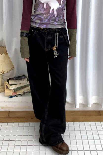 Retro Gray Black Commuter Loose Straight Jeans