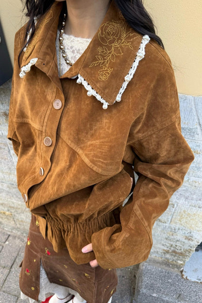 Vintage Embroidered Rose Leather Jacket Set-Up