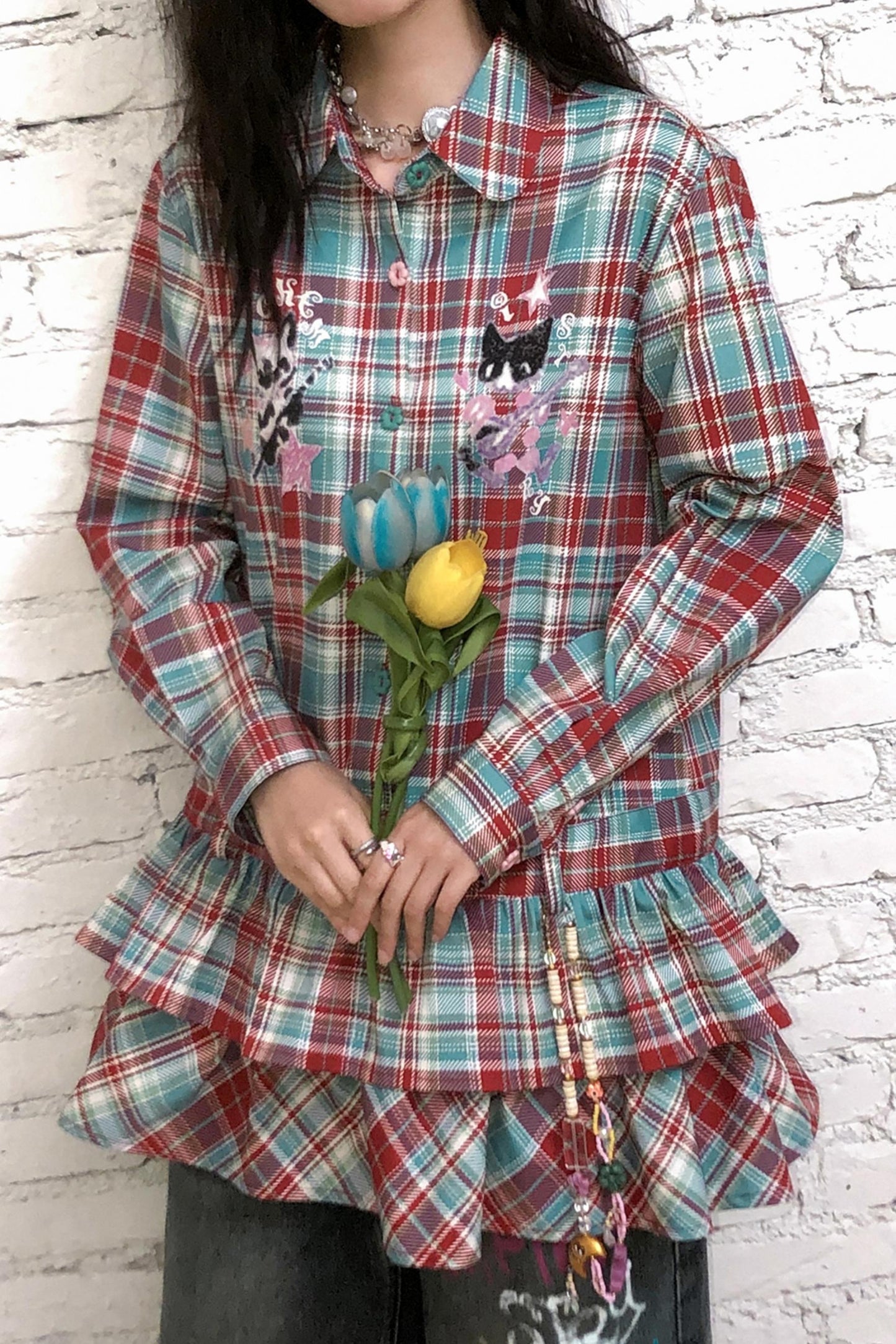New Band Collar Plaid Dress