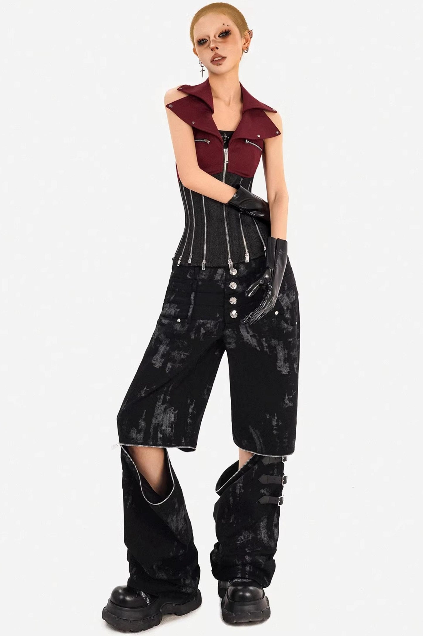 Color-Block Denim Zipper Vest