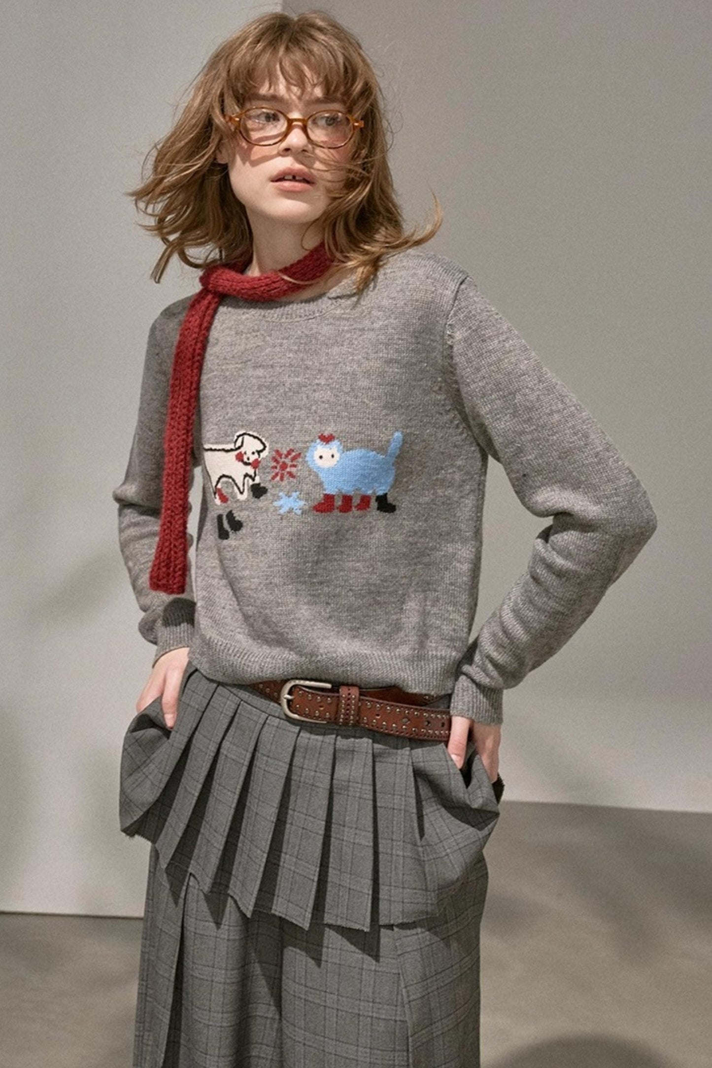 Kitten And Puppy Embroidered Wool Blend Knit Sweater