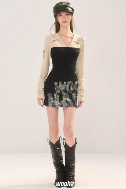Printed Layered-Look V-Neck Dress