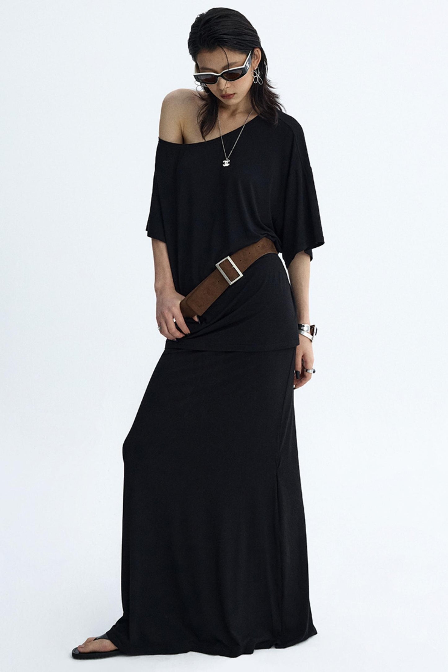 Black Draped Maxi Skirt