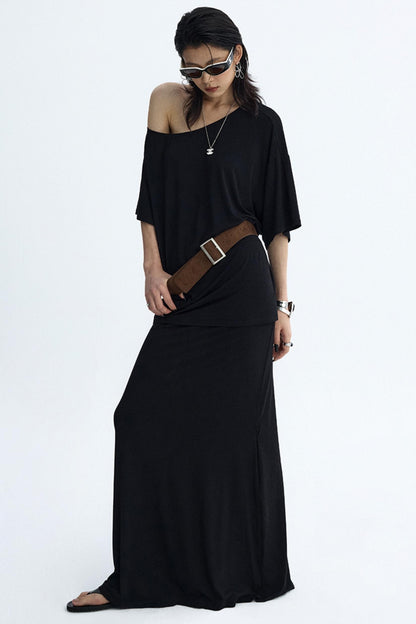 Black Draped Maxi Skirt