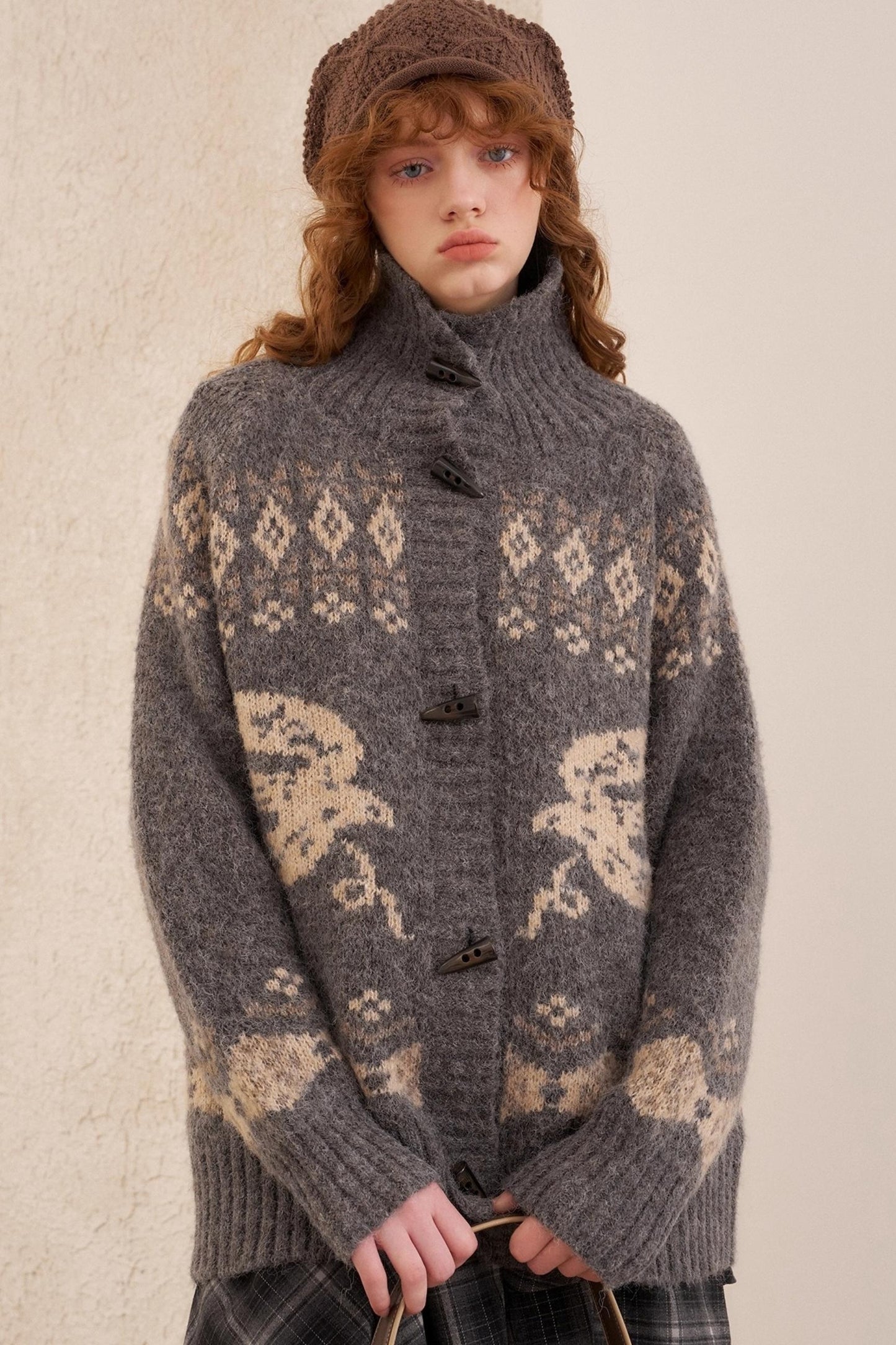 Bird Horn Buckle Loose Warm Cardigan