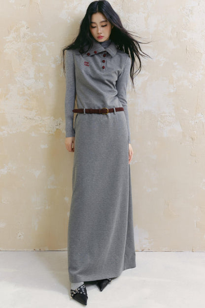 Polo Neck Gray Long Dress Set-up