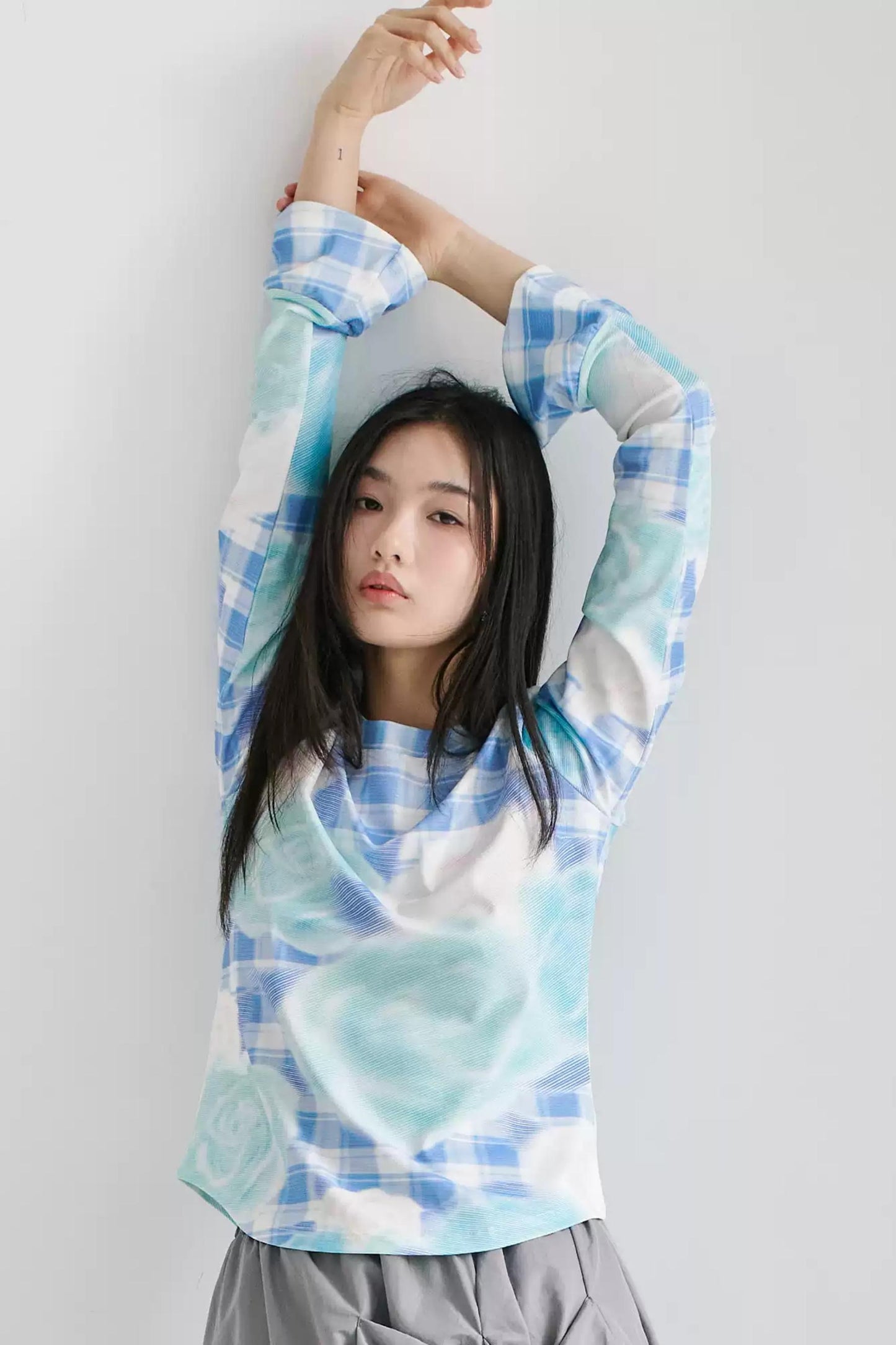 Blue Plaid Flared Sleeve Top