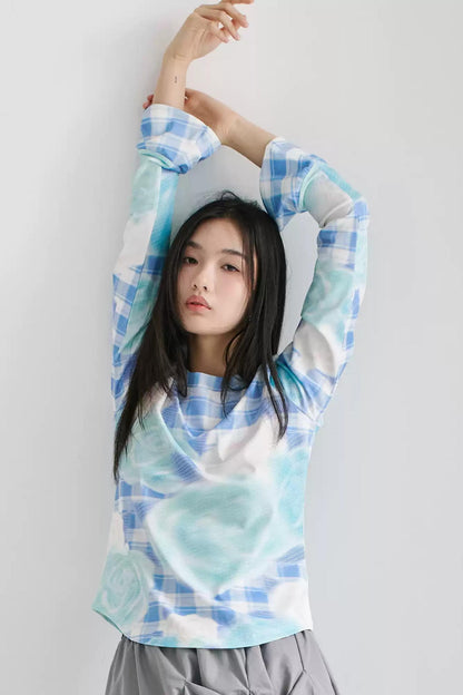 Blue Plaid Flared Sleeve Top