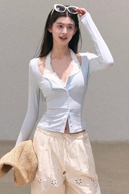 Hollow-Out Ribbed Knit Cardigan