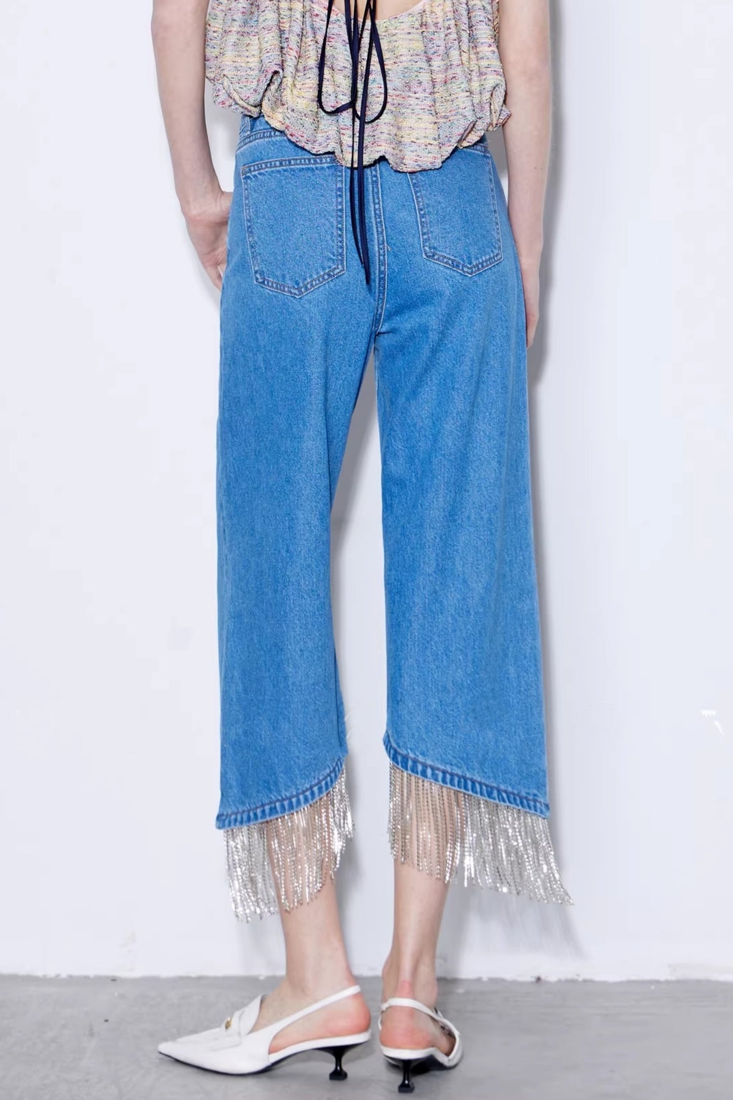 Rhinestone Tassel Cropped Jeans
