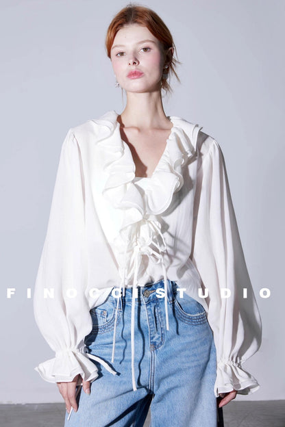 Summer Romantic Ruffled V-Neck Shirt