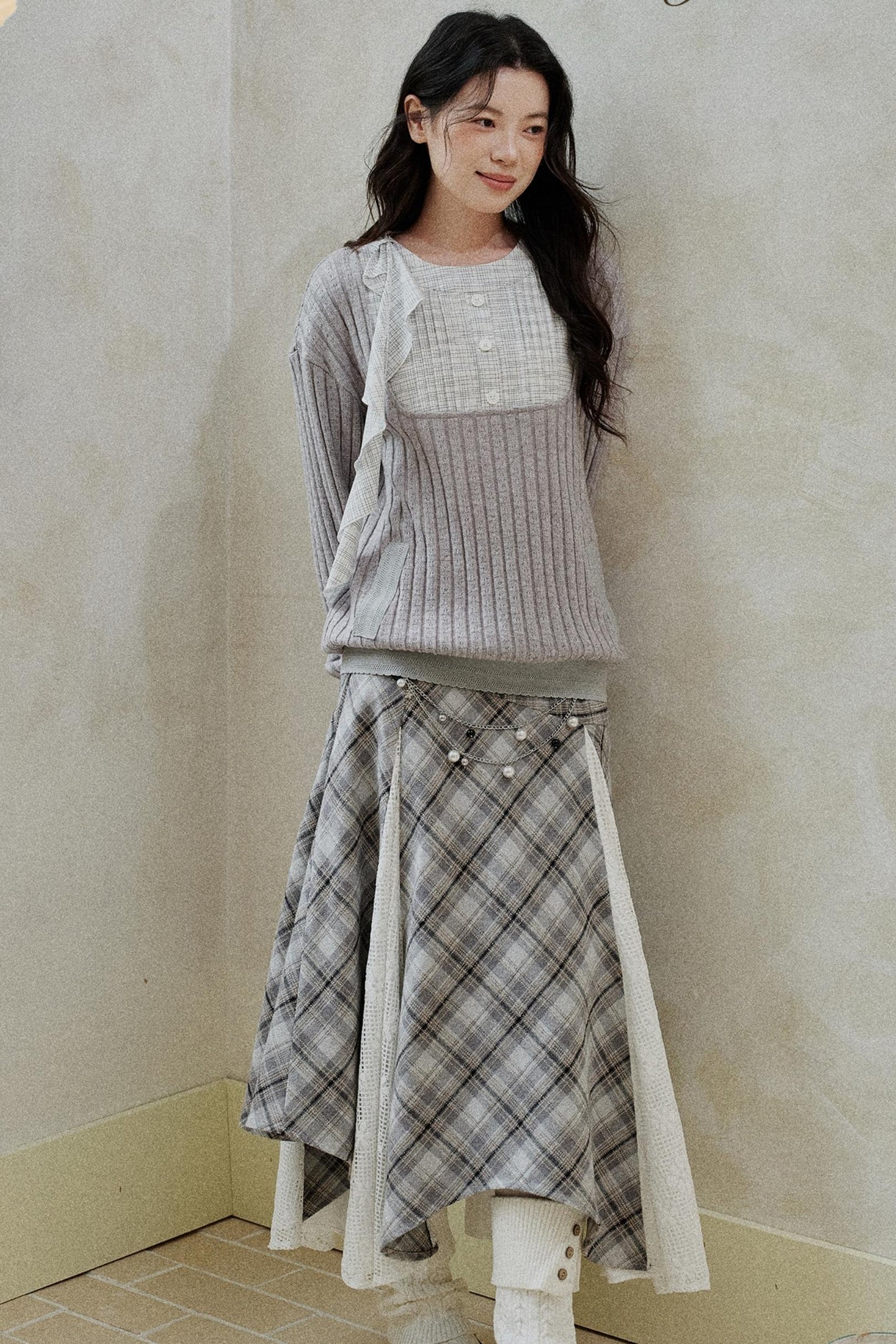 Gray Patchwork Ruffled Knitted Top