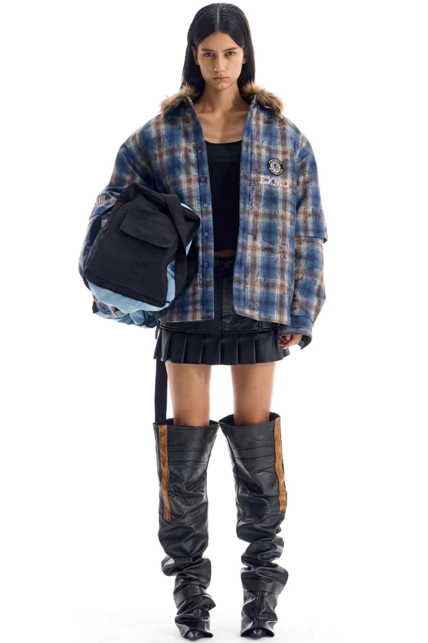 Embroidered Plaid Fur Collar Jacket