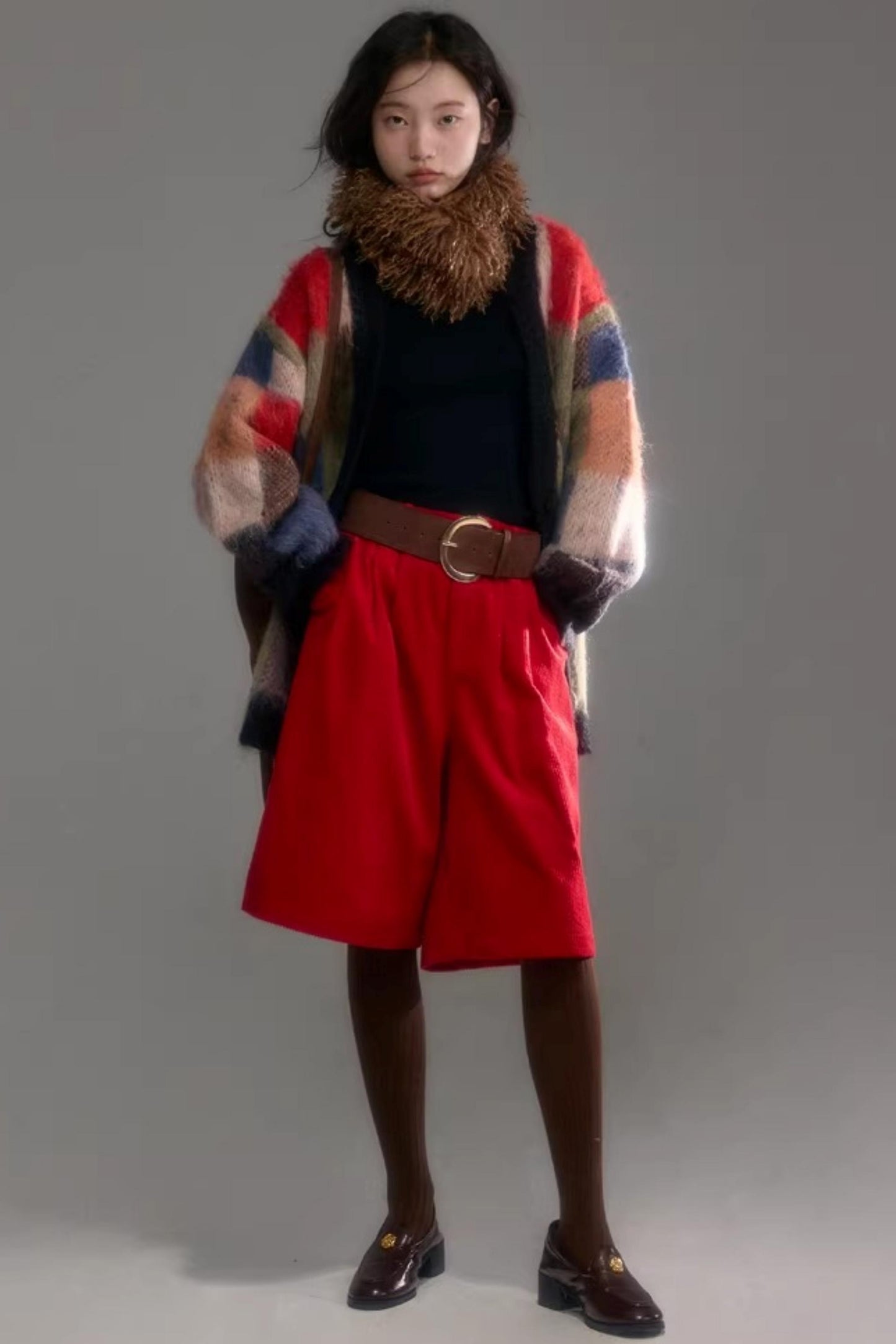 Color-Block-Strickjacke aus Wolle mit Karomuster