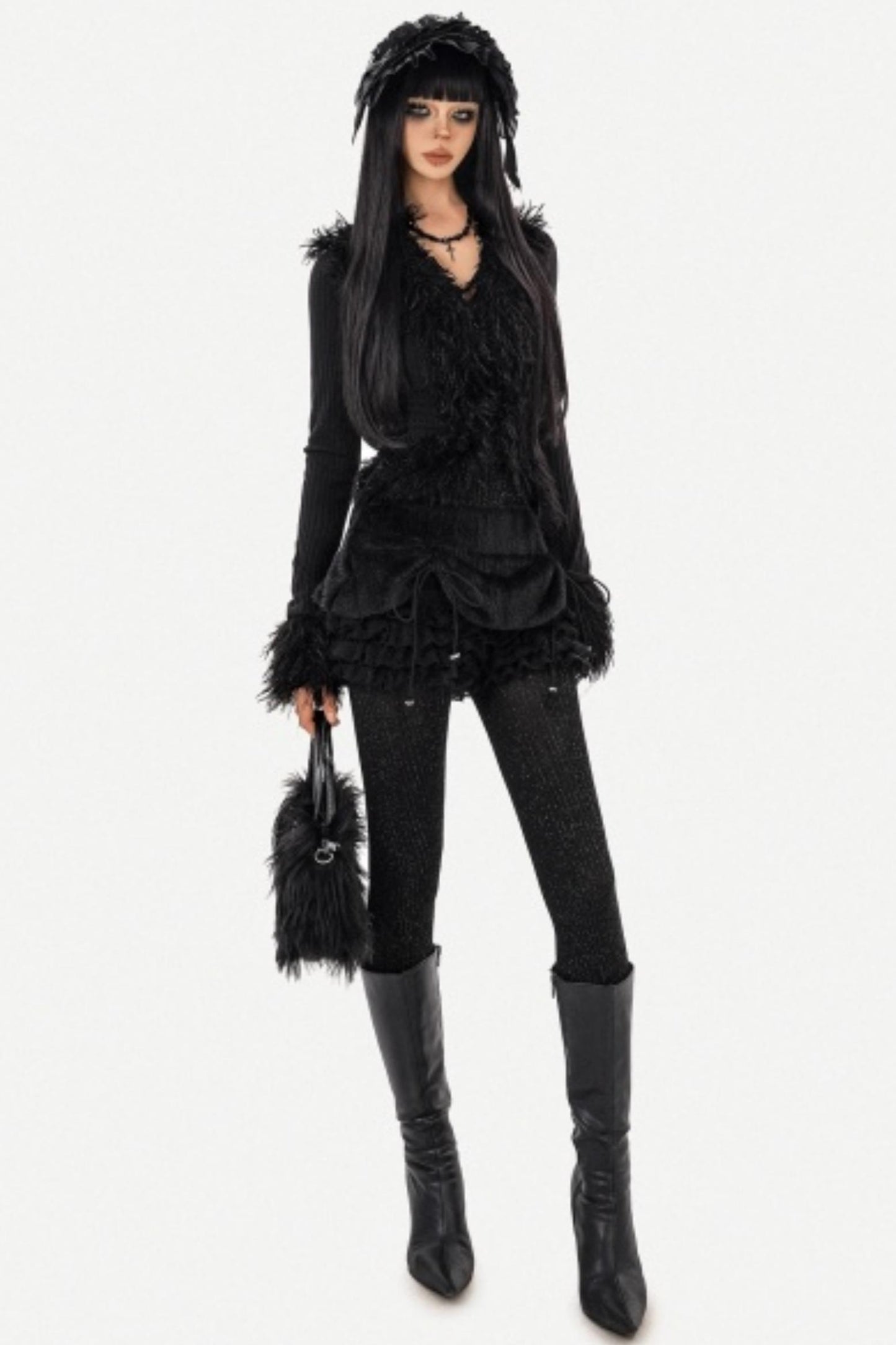 Black Furry Knit Cardigan