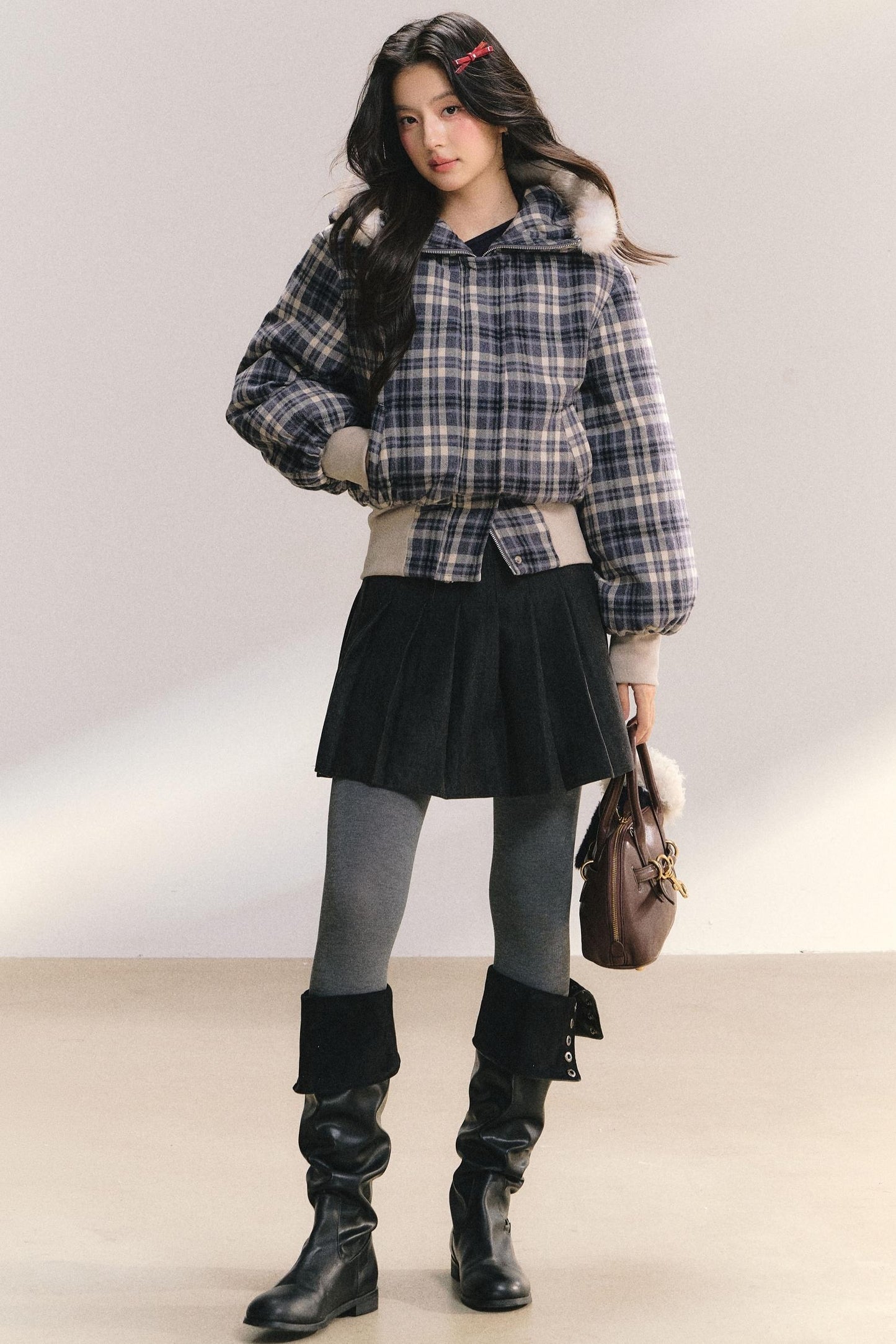 Plaid Fur Collar Winter Coat