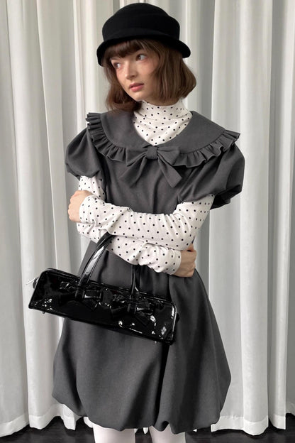 Gray Tweed Bow Lace Puff Sleeve Dress