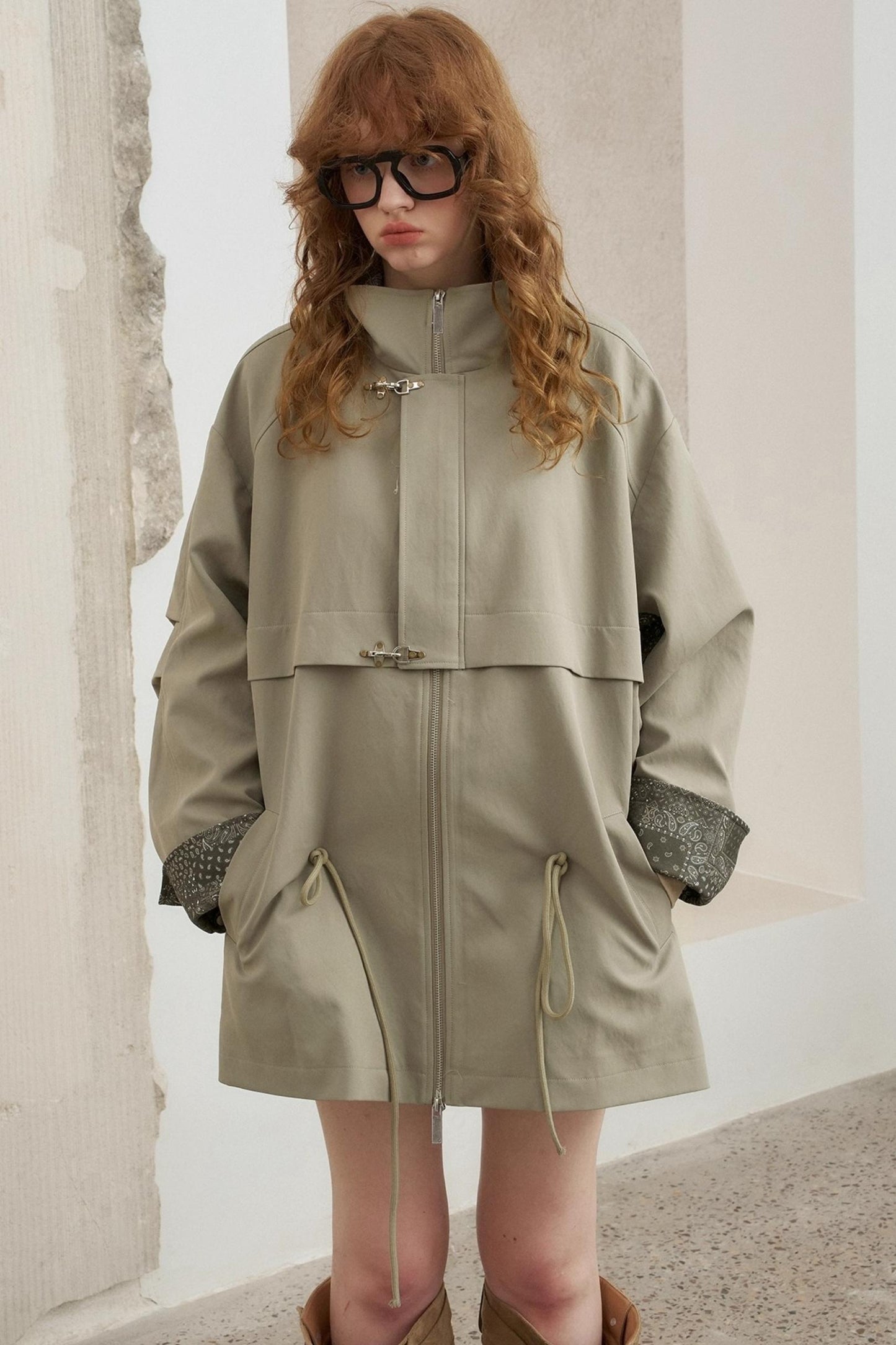 Contrast Windproof Drawstring Midi Trench Coat