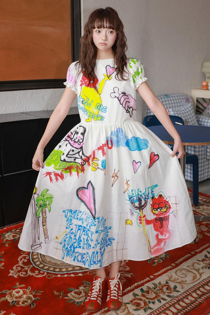 White Graffiti Print Puff Sleeves Dress