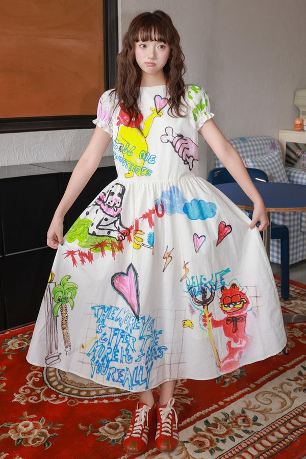 White Graffiti Print Puff Sleeves Dress