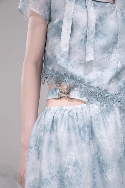 Blue Bow-Collar Shirt & Cutout Skirt Set