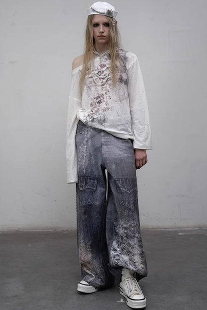 Printed Blue Wide-Leg Denim Pants