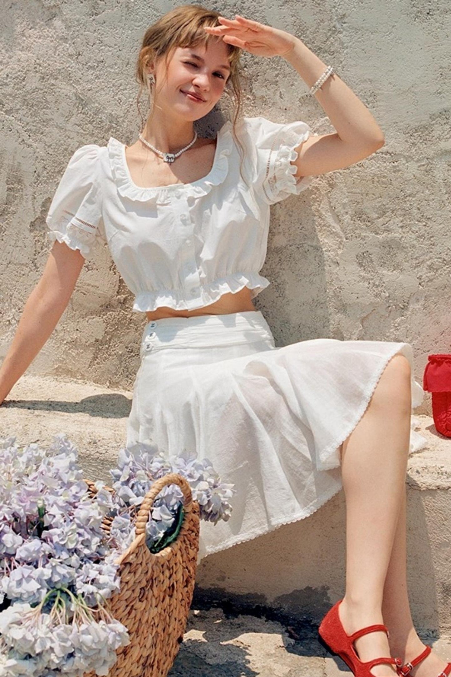 White Lace Square Collar Puff Sleeve Shirt