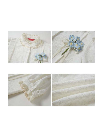 Flower Jacquard Lace French Short Sleeve Shirt