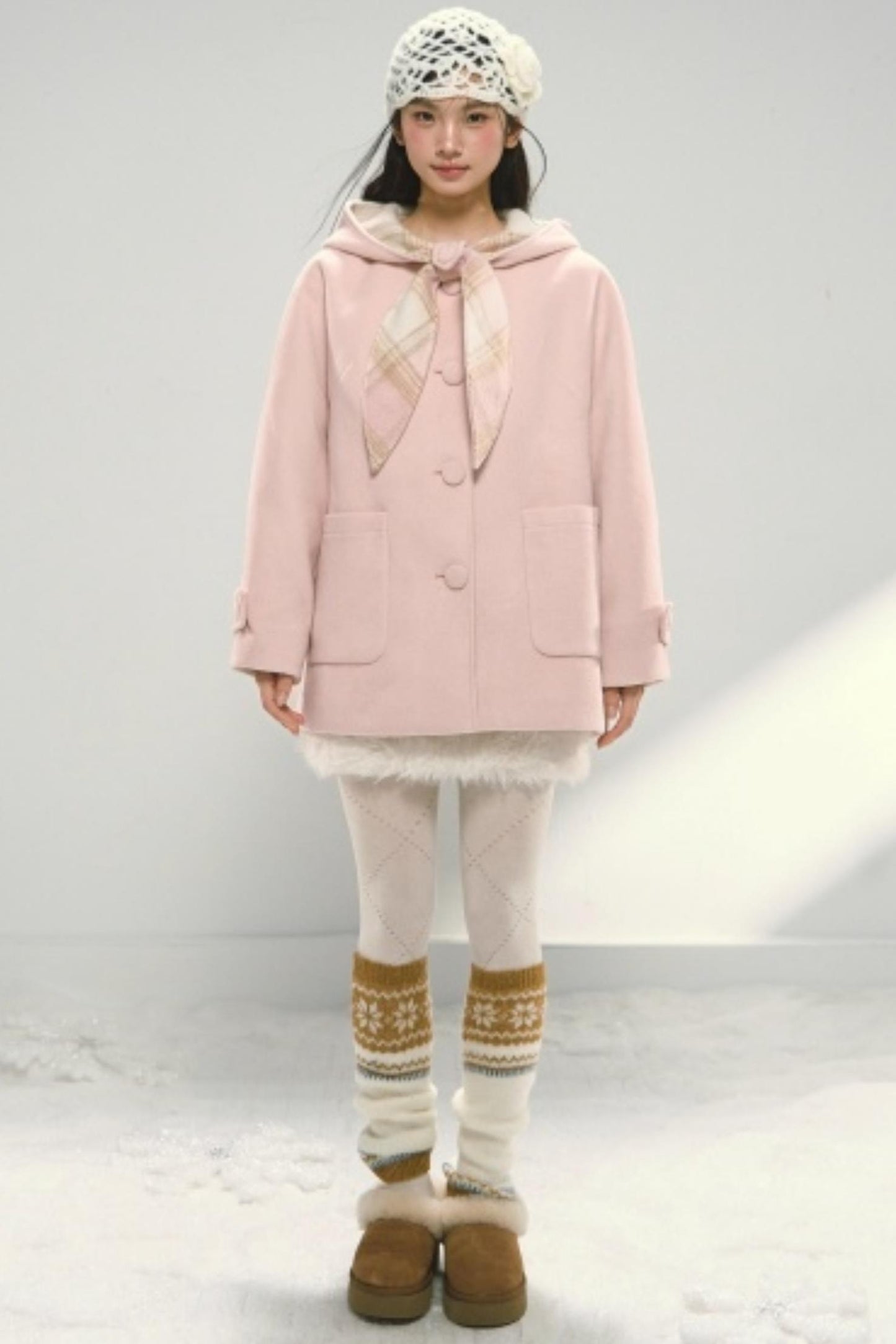 Pink Paneled Plaid Hooded Wool Coat