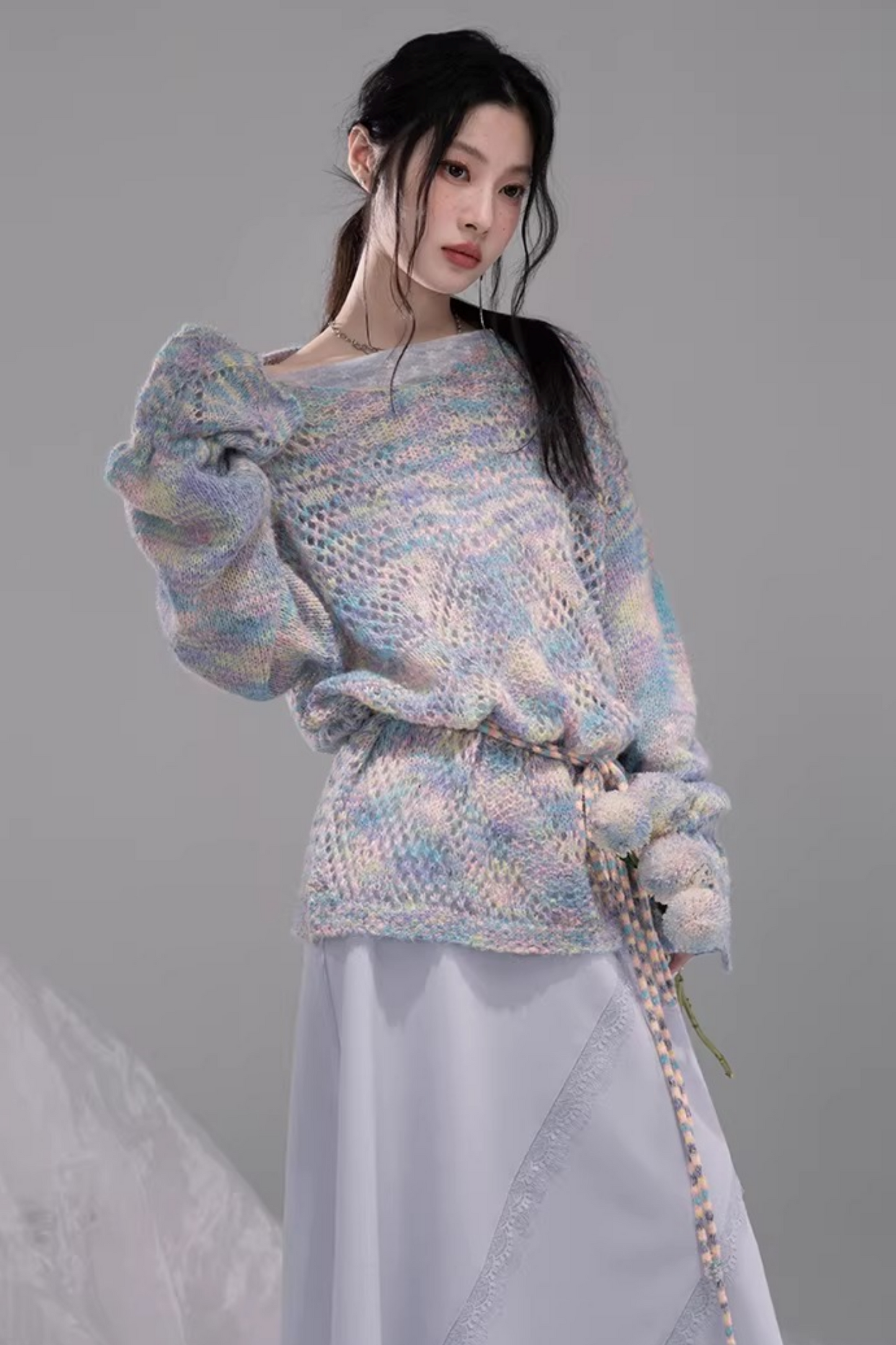 Flowing Gray-Blue Lace Skirt