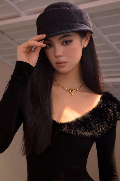 Furry V-Neck Slim Dress