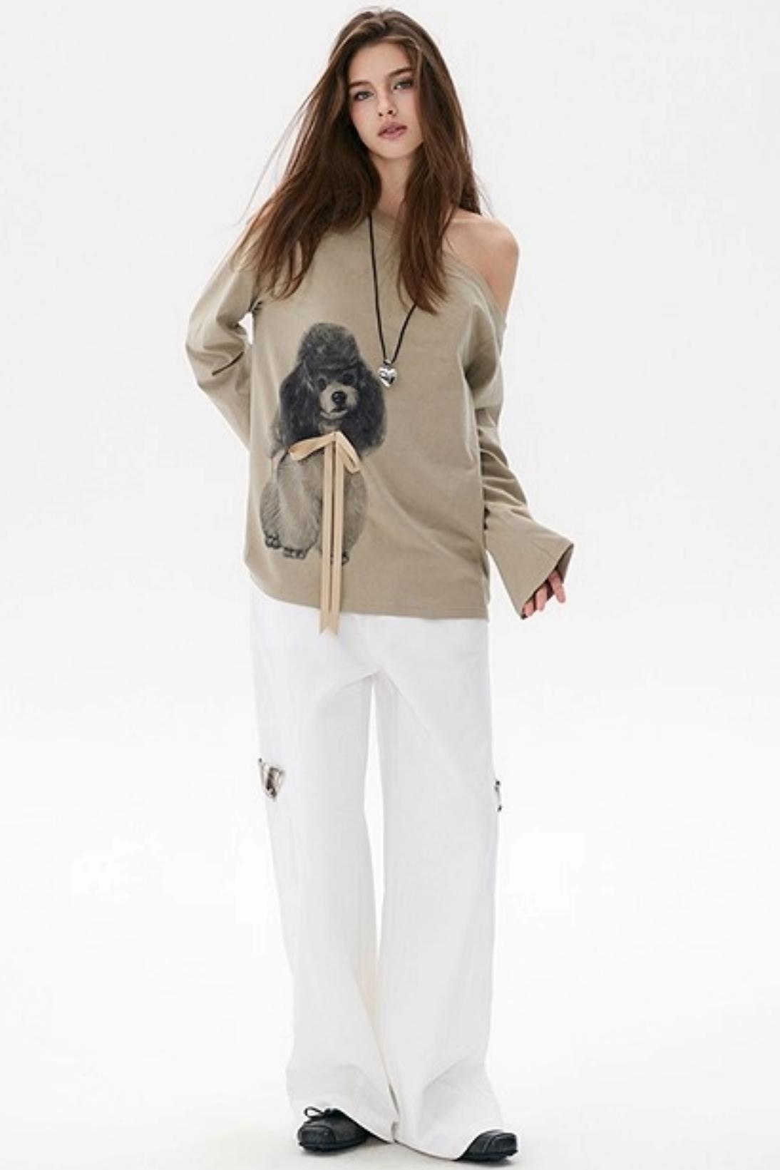 Khaki Bow knot Off-Shoulder T-Shirt