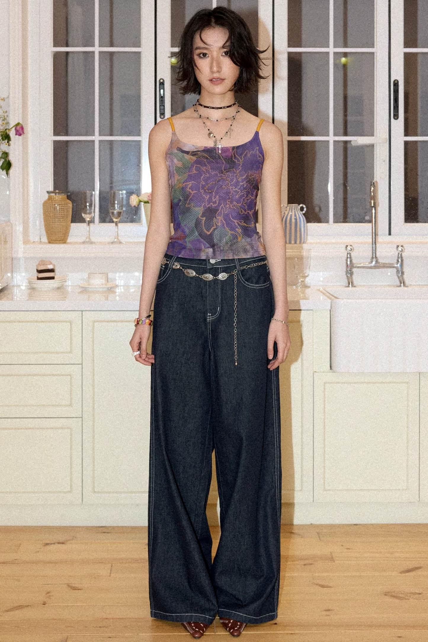 Floral Rhinestone Mesh Camisole